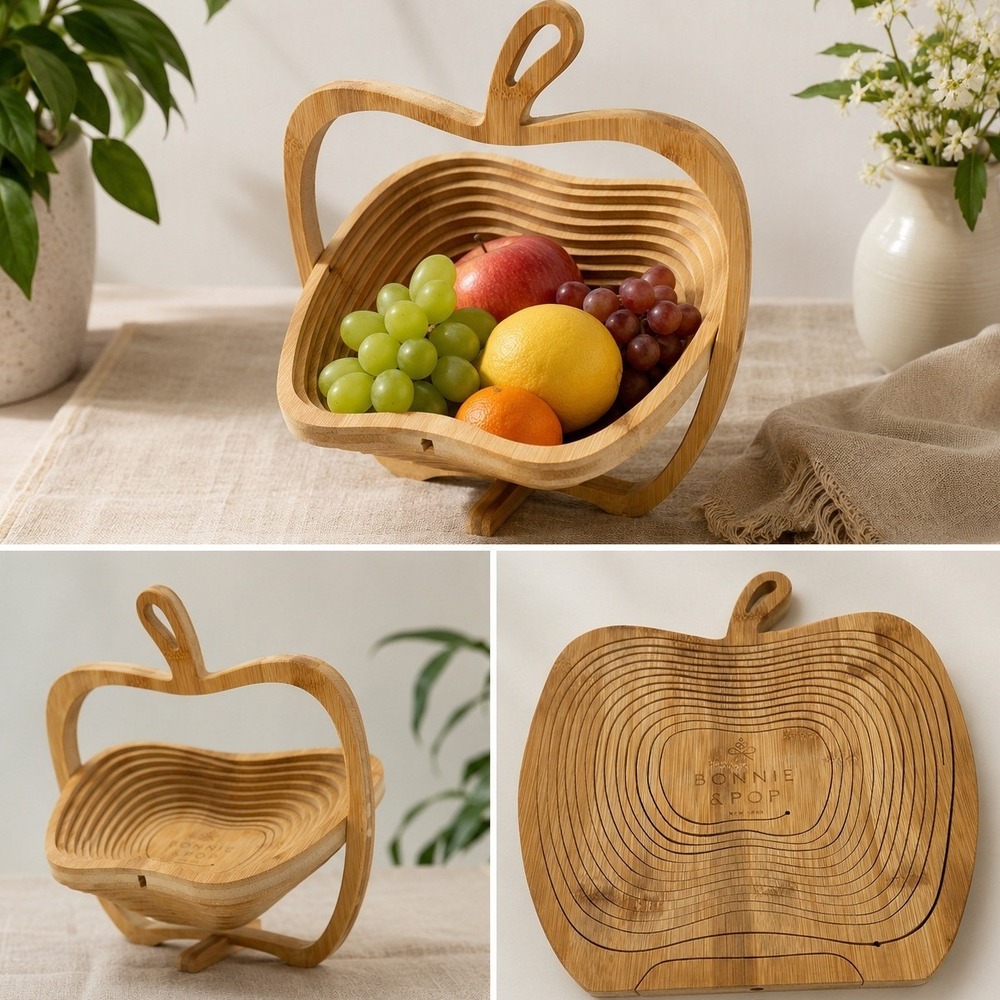 Bonnie & Pop Bamboo Apple Fruit Basket Collapsible Wood Trivet Kitchen Decor